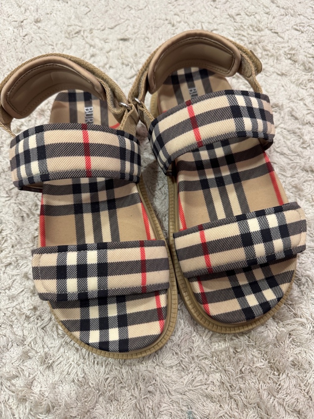 Burberry Kids Tan Plaid Velcro Sandals with Red Stripe